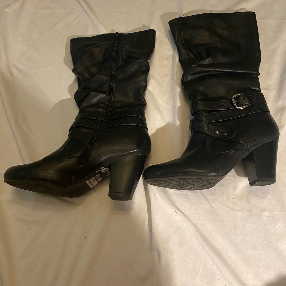 Women's Black Heeled Boots with Buckle Details Whitemt Size 7m